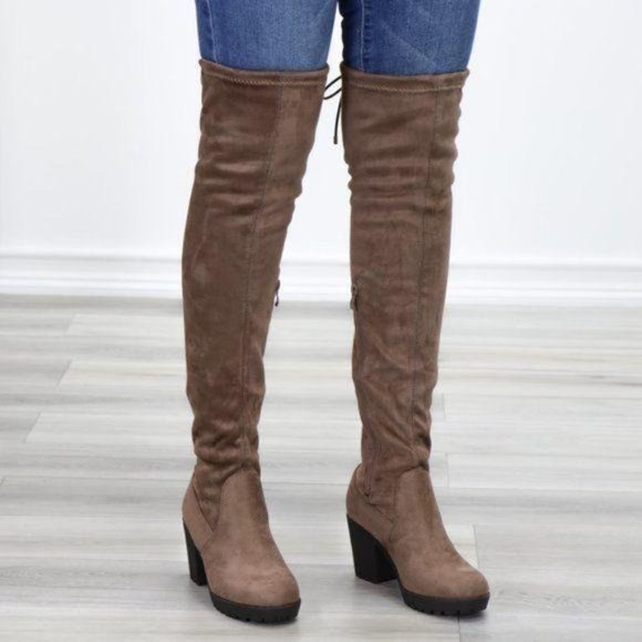 Taupe Thigh High Suede Boots Lug Chunky Heel - Picture 4 of 15